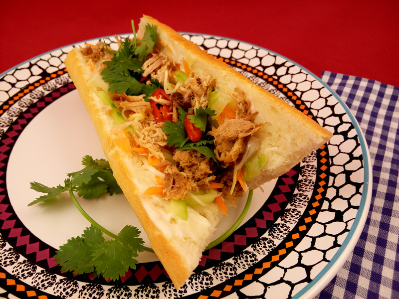 Vietnamská bageta banh mi s trhaným vepřovým masem